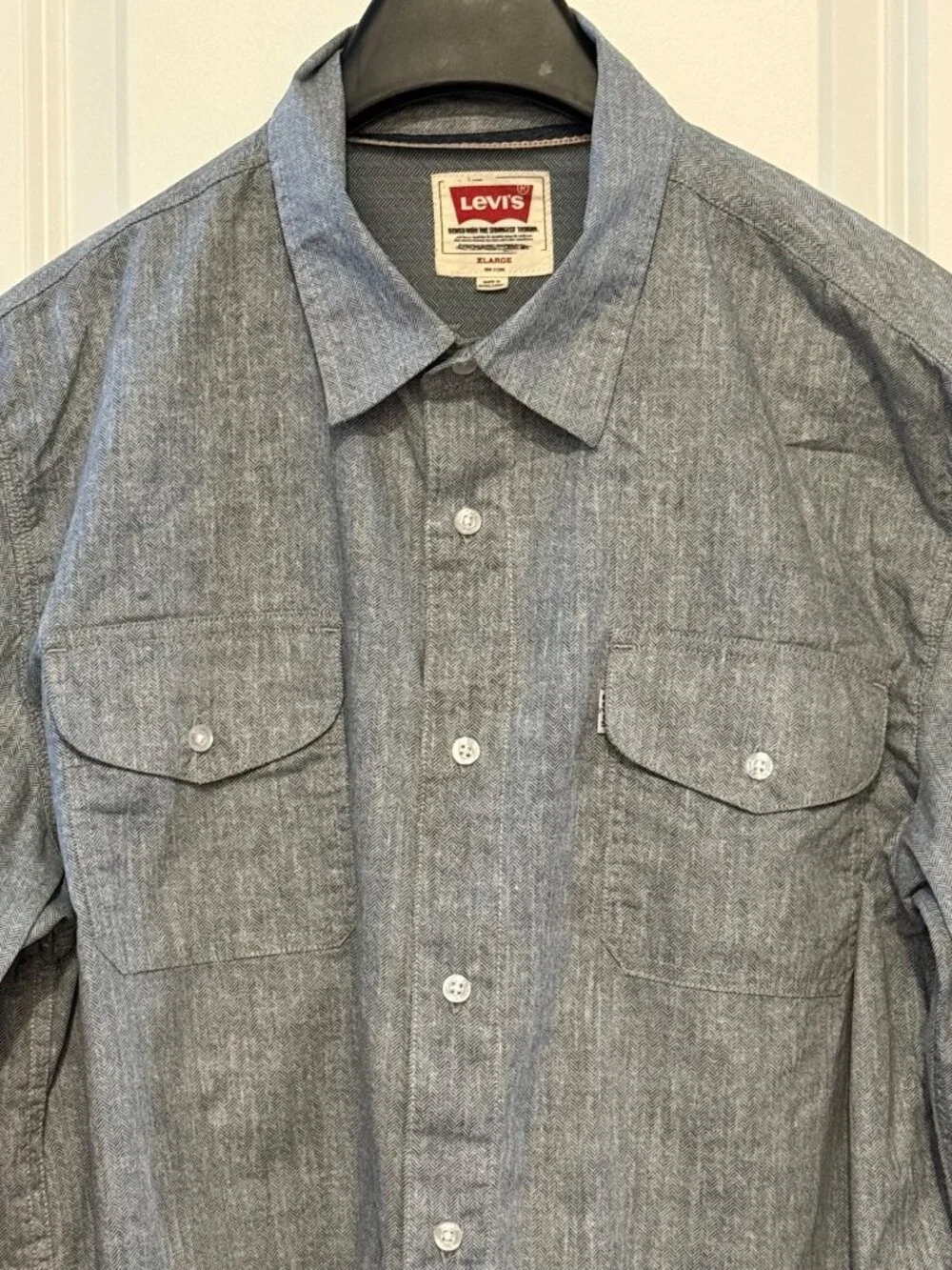 Levis Mens Blue Herringbone Button-Up Long Sleeve Shirt Size XL 100% Cotton Dual